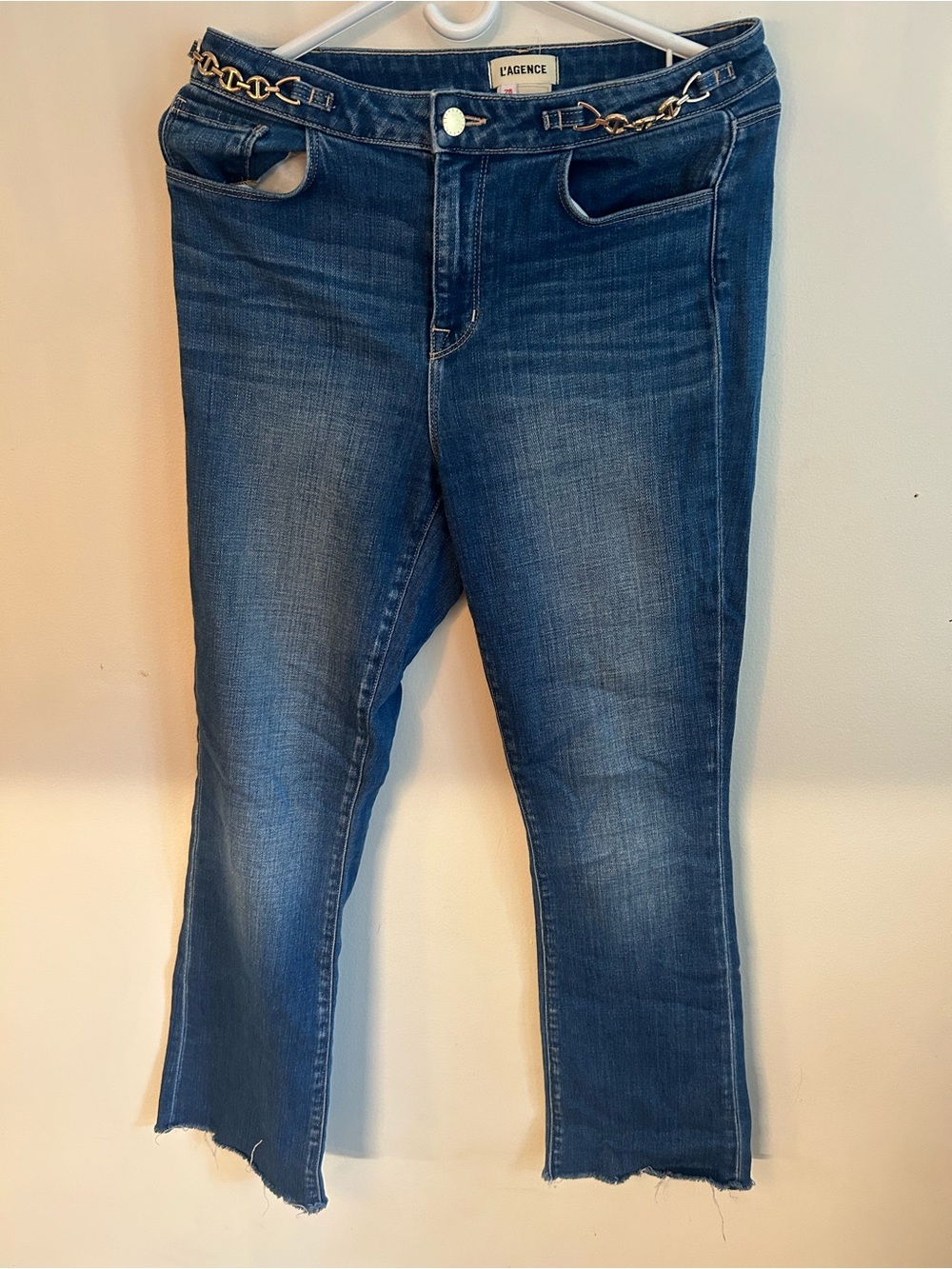 L'AGENCE Medium Blue Cropped Jeans with Gold Chain Detail